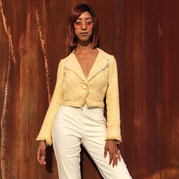 Cropped Yellow Tweed Blazer by Cabi sz xs - Picture 2 of 5